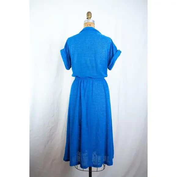 Vintage 70s Royal Blue Terry Cloth Textured Midi Dress, Indie Mod Retro, Small - Picture 8 of 10